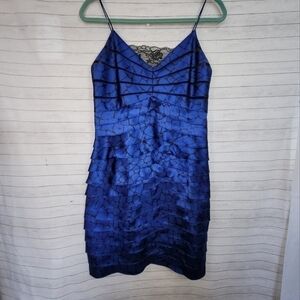 ELIZA J TIERED RUFFLE SATIN ROYAL BLUE DRESS, sz 10 Petite